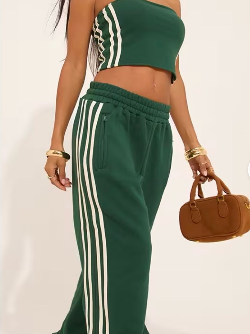 EGO Forest Green Side-Stripe Wide Leg Sweatpants (sz 12) and Tube Top (Sz 14)